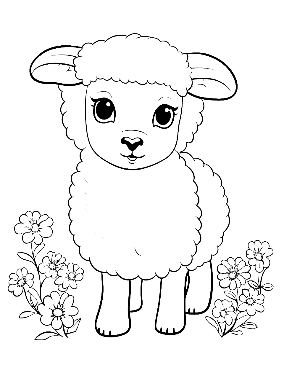 Cute Lamb Animal Coloring Page - A fluffy lamb with a sweet expression, surrounded by flowers.