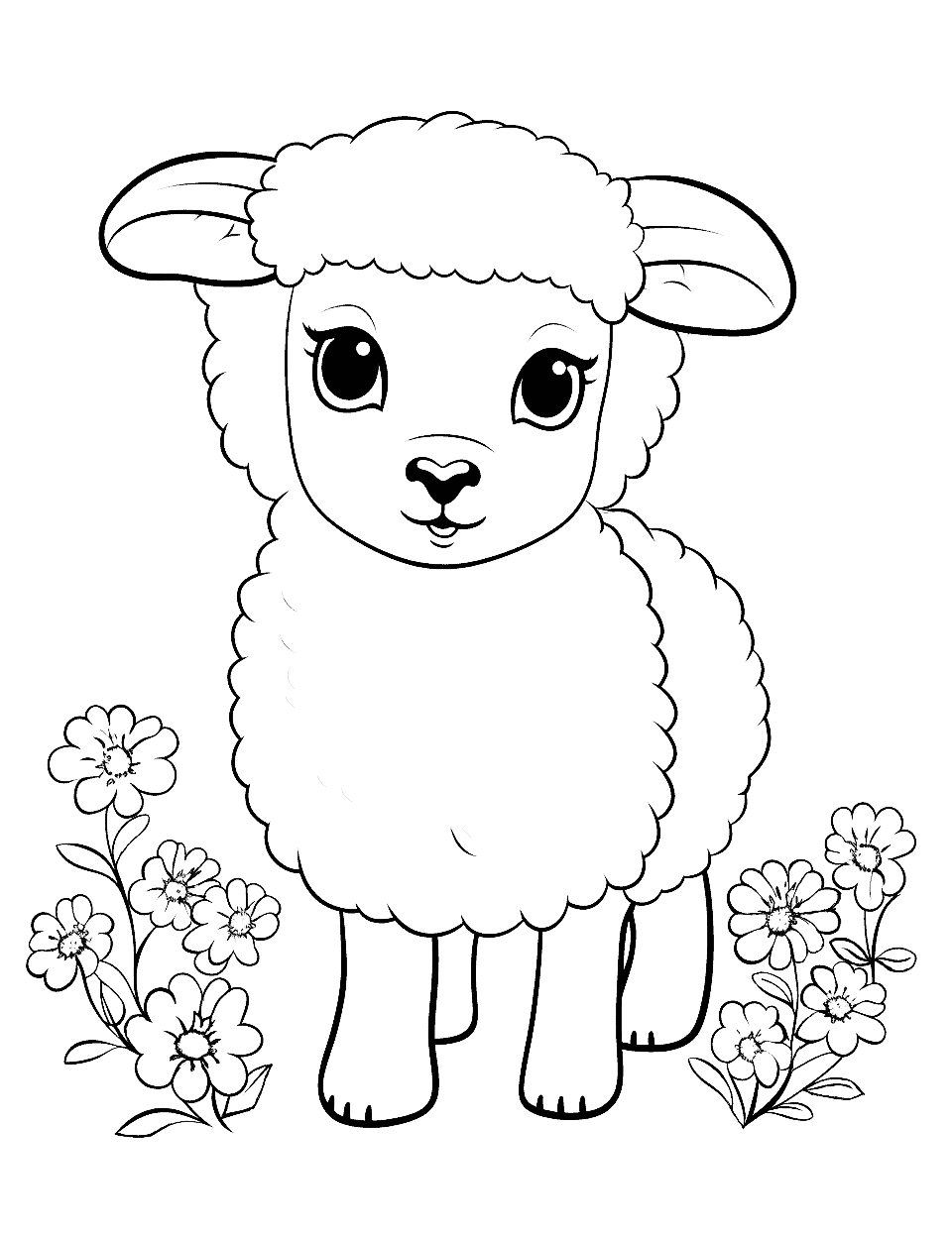 Cute Lamb Coloring Page - A fluffy lamb with a sweet expression, surrounded by flowers.