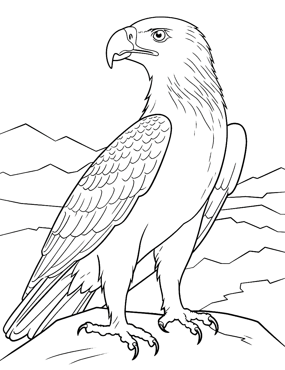 Wise Eagle Coloring Page - An eagle perched on a rocky cliff, observing the vast landscape.