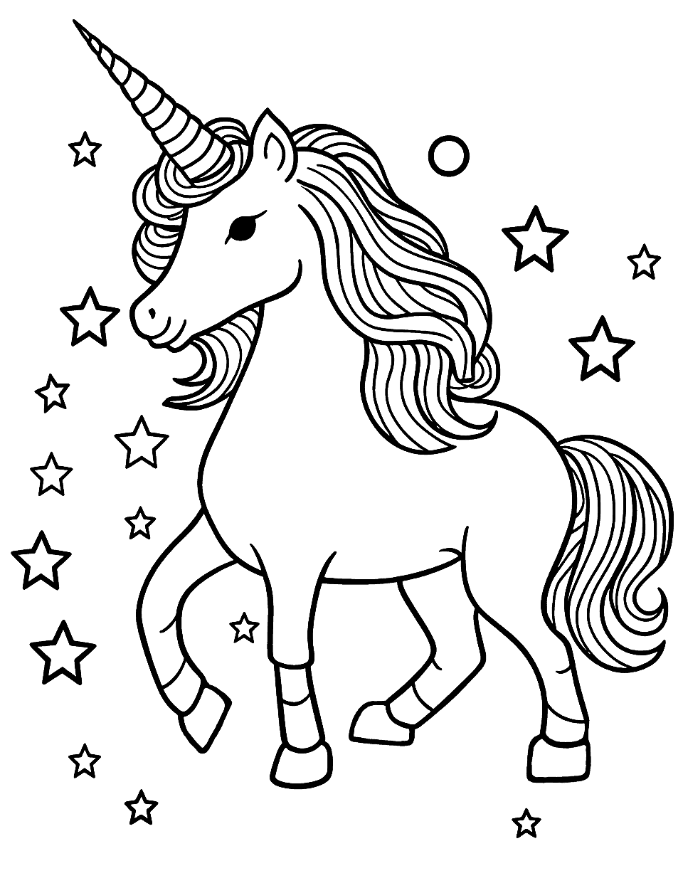 Unicorn Magic Animal Coloring Page - A magical unicorn surrounded by rainbows and stars.
