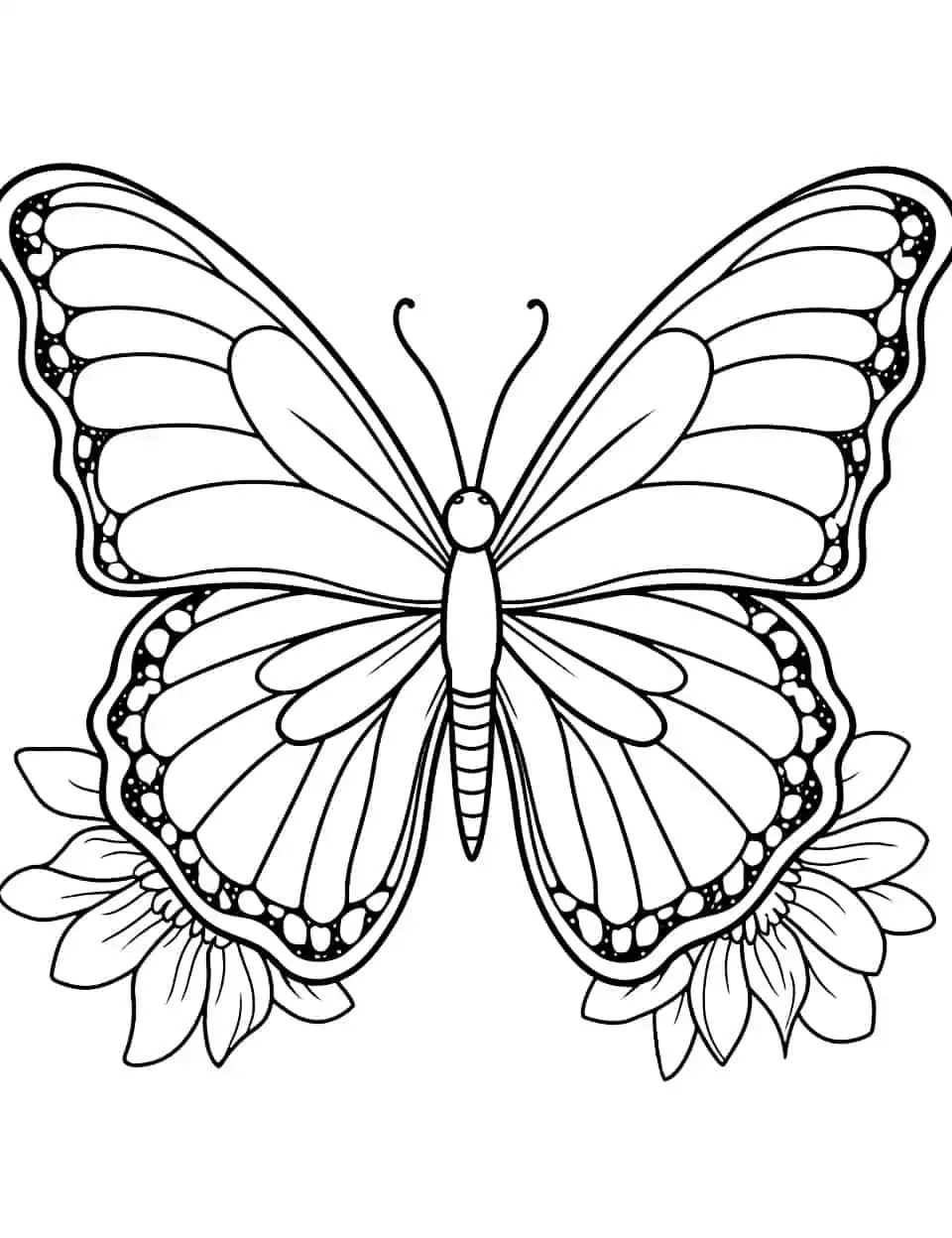 Monarch Majesty Butterfly Coloring Page - A detailed coloring page featuring a realistic monarch butterfly perched on a vibrant flower.