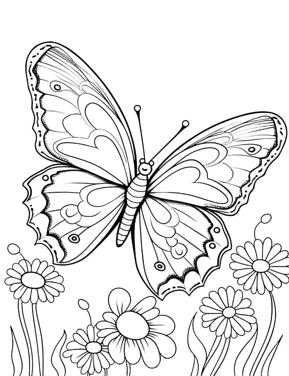 Delicate Dance Coloring Page - A coloring page capturing the elegant flight of butterflies in a field of blooming flowers.