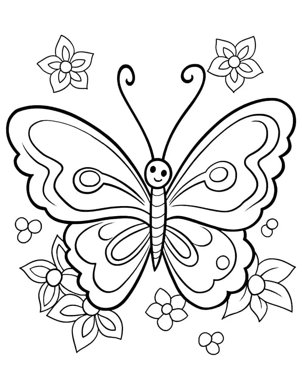 Clipart Cuties Butterfly Coloring Page - A simple coloring page with adorable cartoon-style butterflies and flowers.