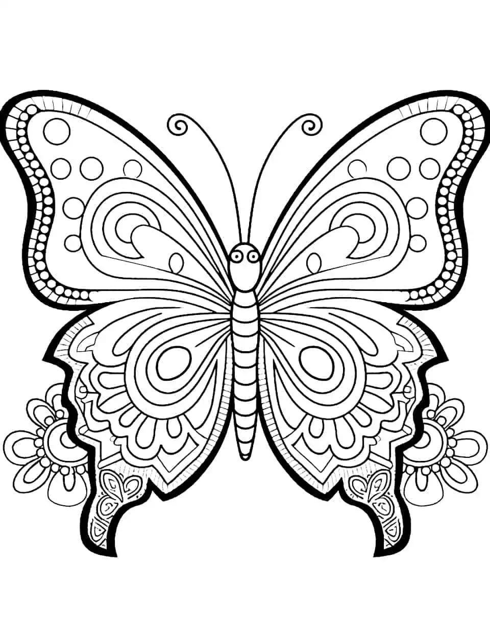 Stress-Relief Splendor Butterfly Coloring Page - A mandala-style coloring page featuring a butterfly surrounded by soothing patterns.