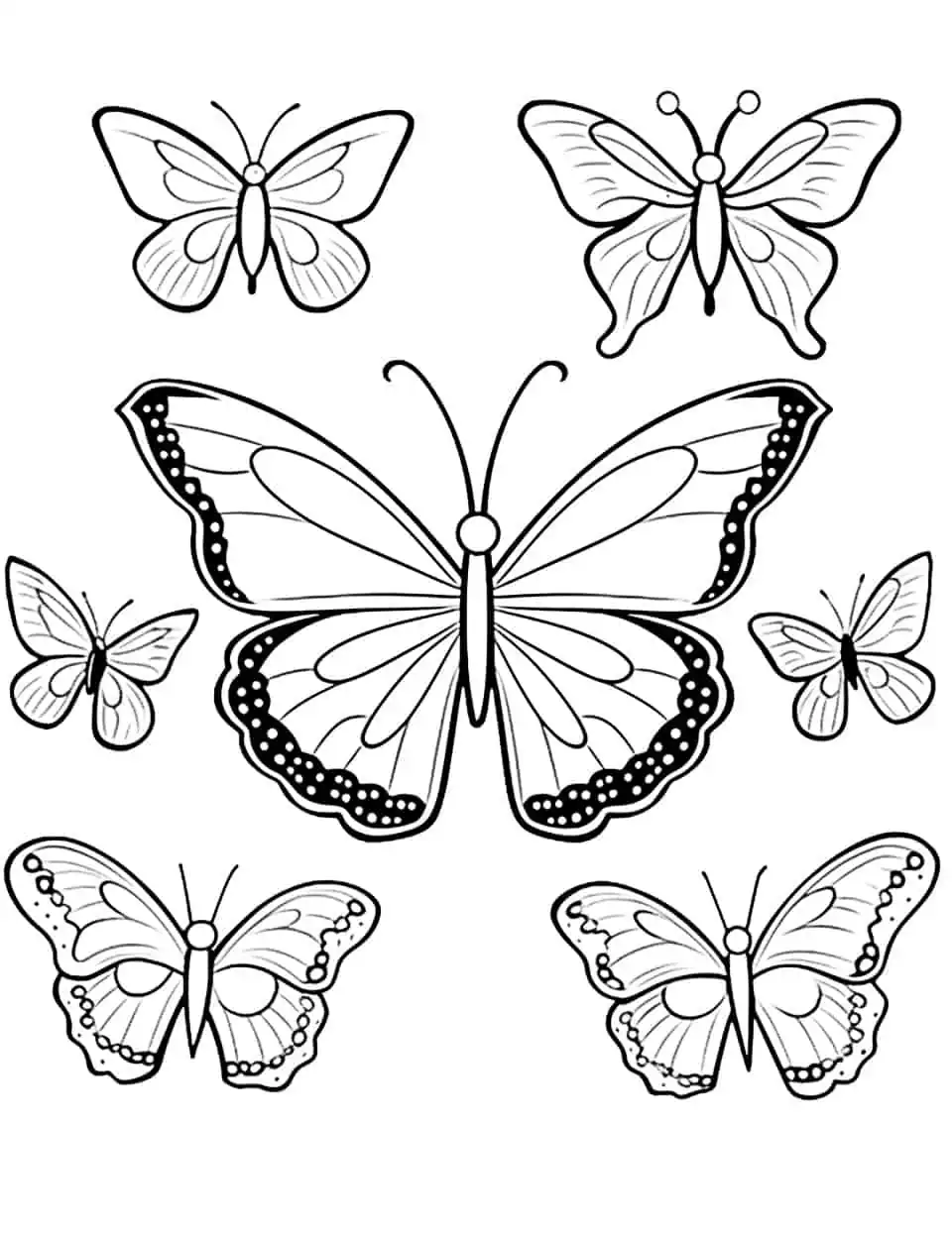 Flutterby Friends Butterfly Coloring Page - A cute coloring page with multiple butterflies interacting and flying together.