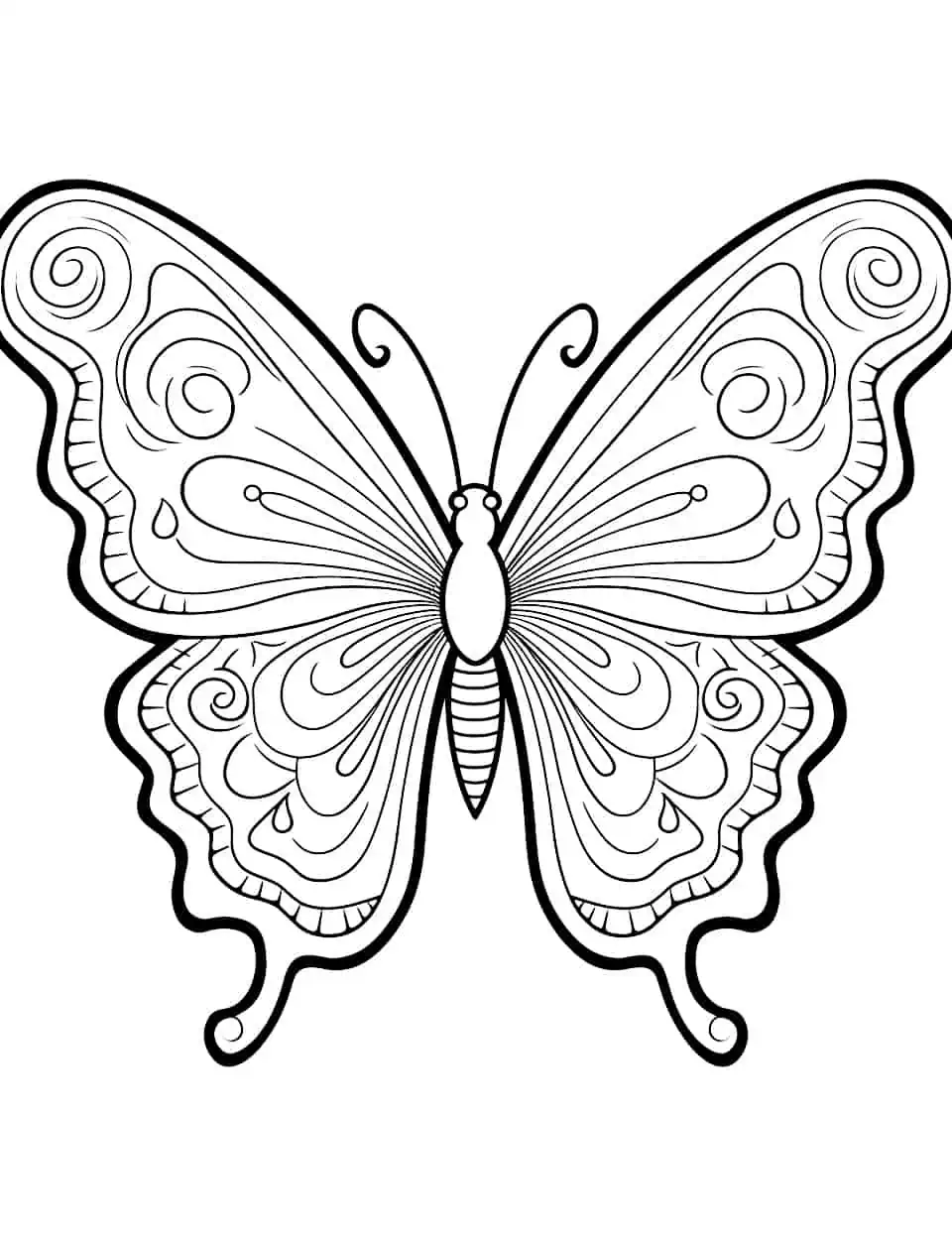 Majestic Monochrome Butterfly Coloring Page - A coloring page featuring a black and white butterfly outline, perfect for artistic exploration.