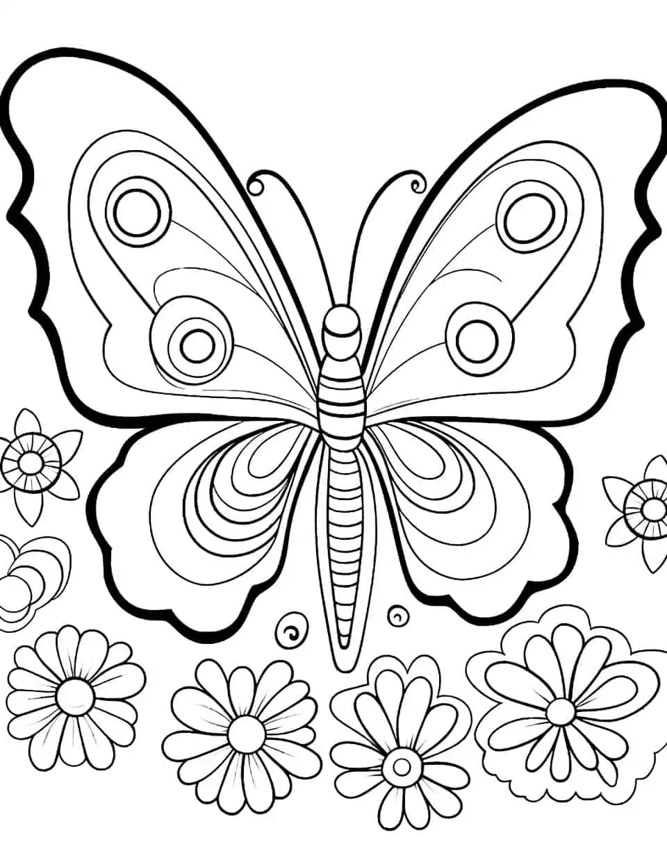 Flower Power Butterfly Coloring Page - A coloring page showcasing butterflies and flowers in a delightful fusion of colors.
