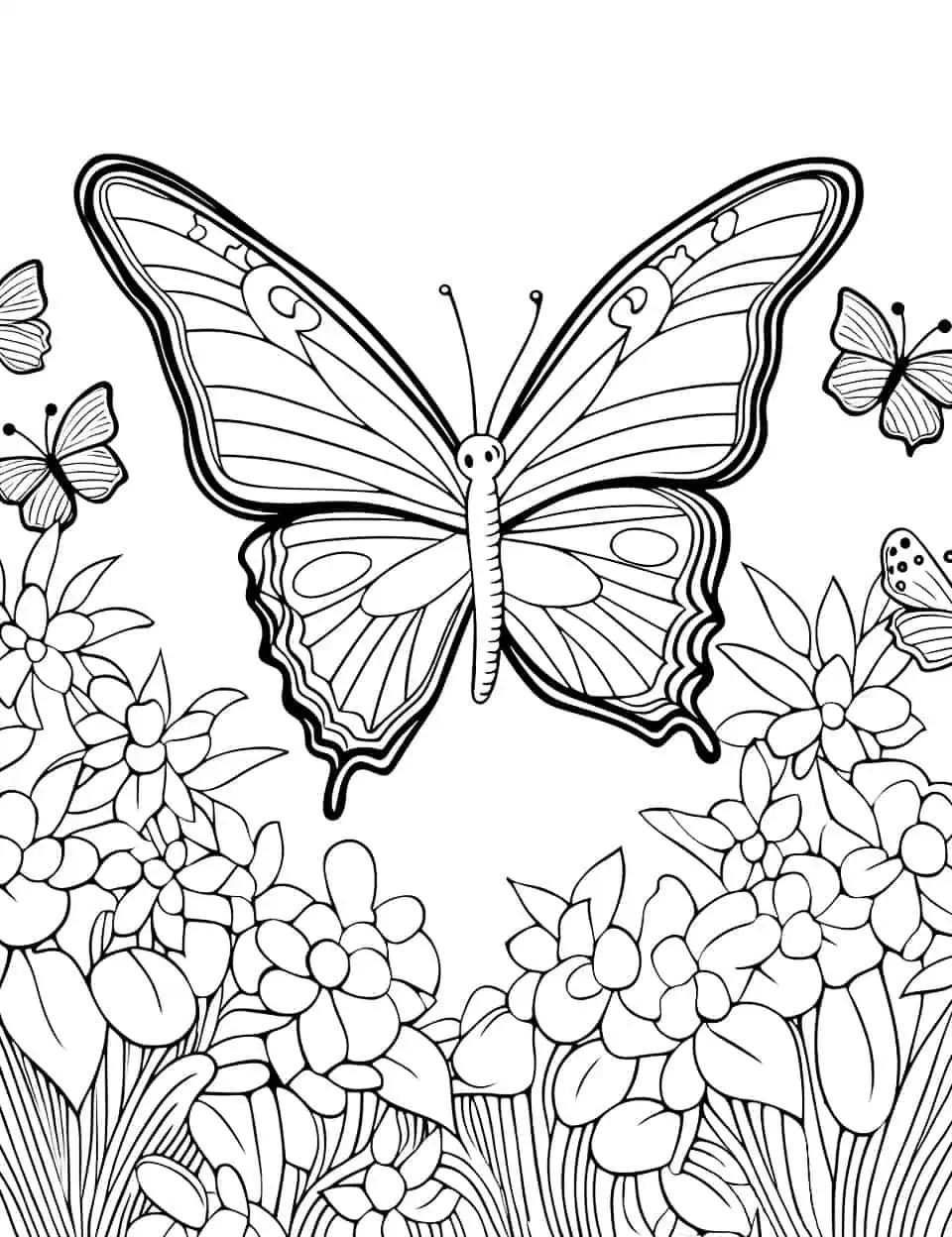 Tranquil Garden Coloring Page - A detailed coloring page capturing the peaceful ambiance of a butterfly-filled garden.