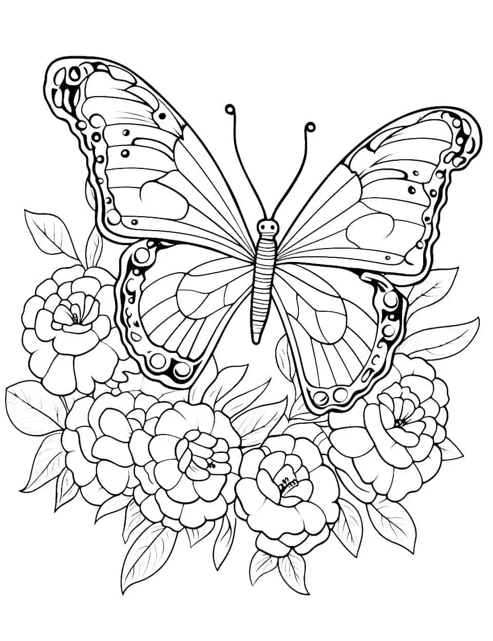 Botanical Beauty Butterfly Coloring Page - A coloring page showcasing butterflies and intricate flower arrangements.