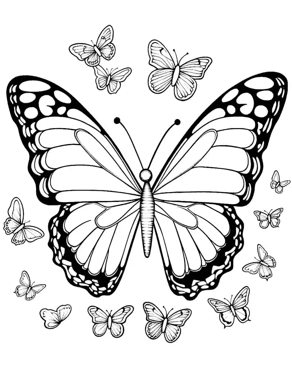 Magical Monarchs Butterfly Coloring Page - A majestic coloring page highlighting the regal beauty of monarch butterflies.