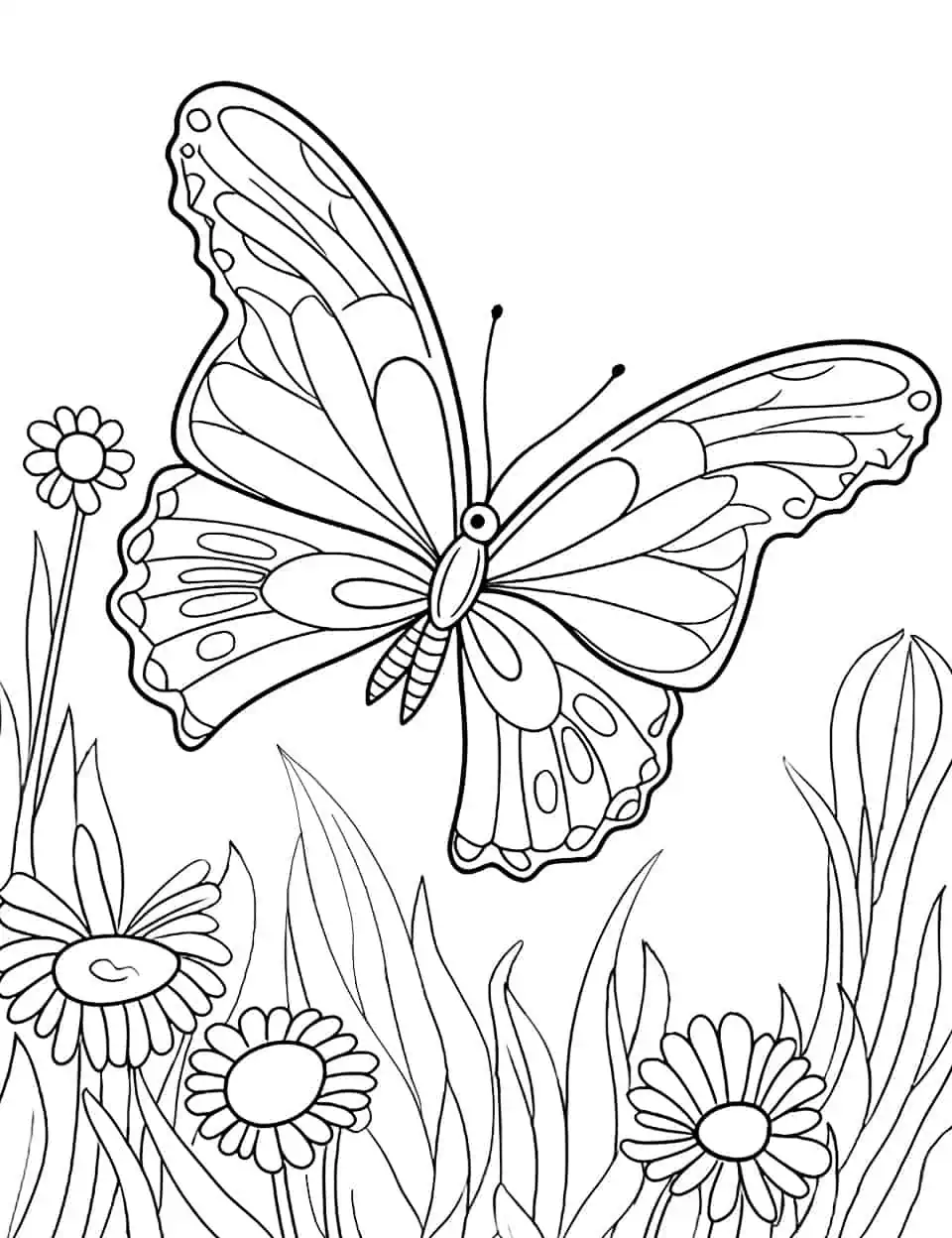 Delightful Discovery Butterfly Coloring Page - A coloring page capturing the joy of discovering a butterfly amidst a field of flowers.