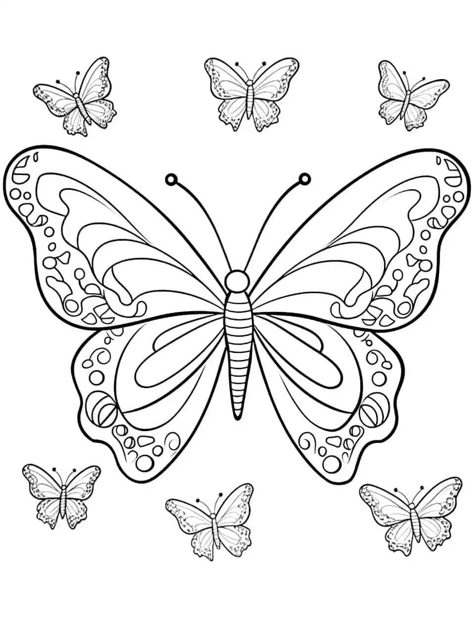 Whimsical Wings Coloring Page - A whimsical coloring page showcasing butterflies with playful patterns and designs.