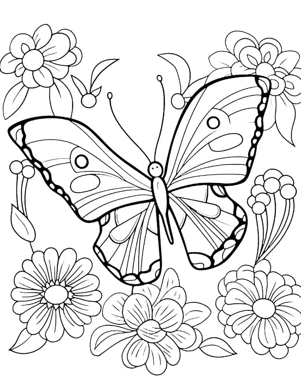 Flutterby Garden Coloring Page - A coloring page featuring butterflies fluttering among a garden of diverse flowers.