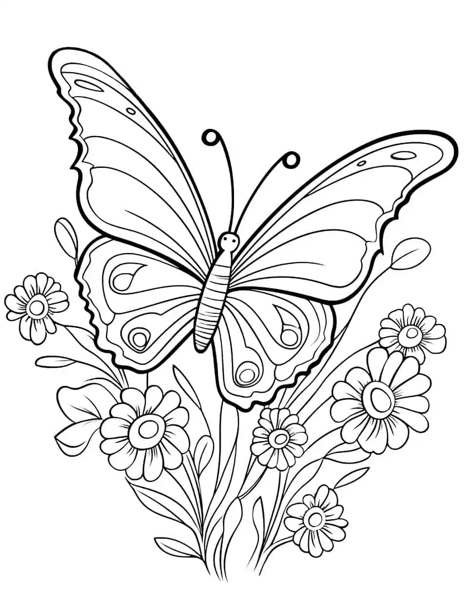 Butterfly Bouquet Coloring Page - A coloring page showcasing a bouquet of flowers with a butterfly flying above.