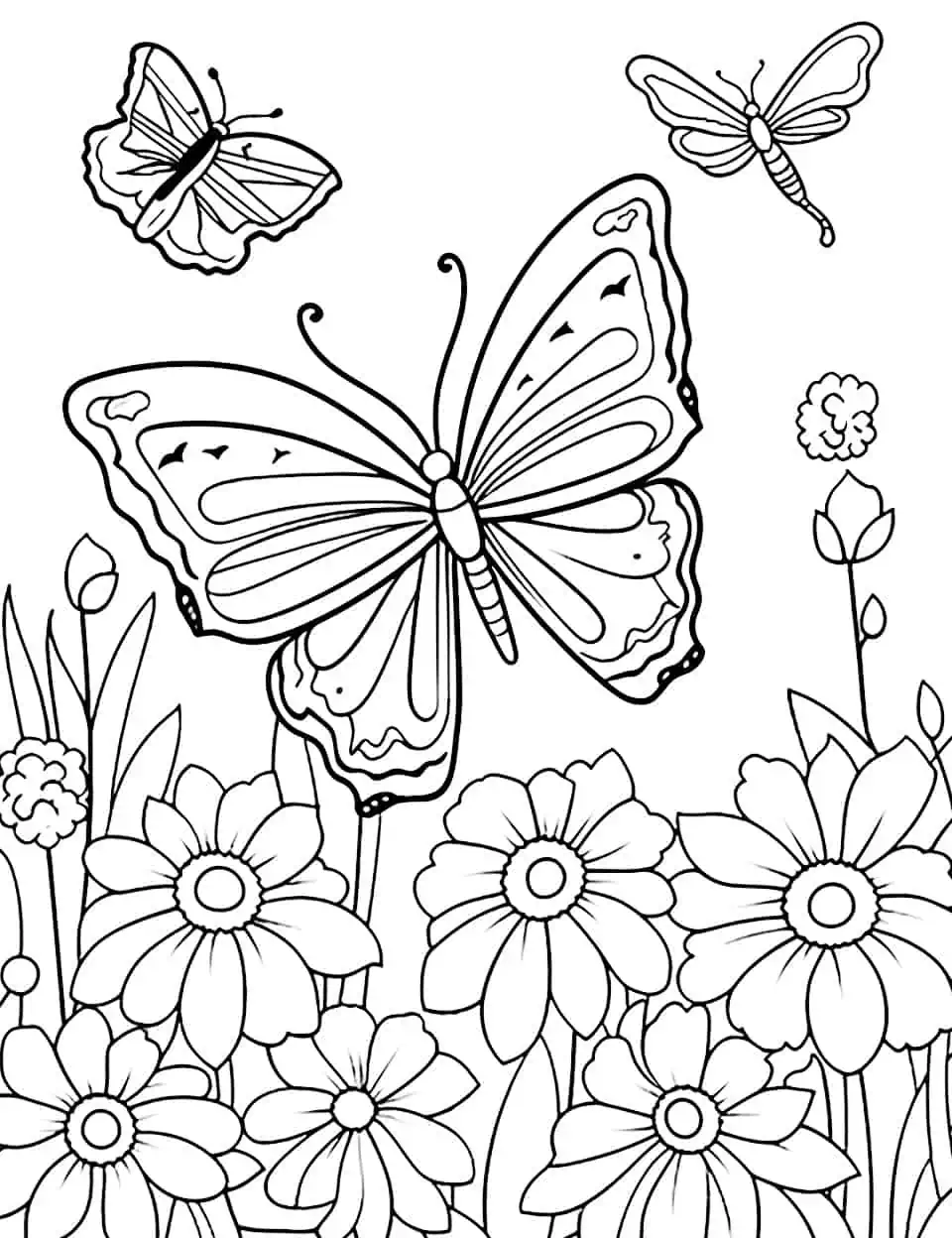 Garden Delight Butterfly Coloring Page - A beautiful coloring page depicting a butterfly gracefully hovering above a bed of colorful flowers.