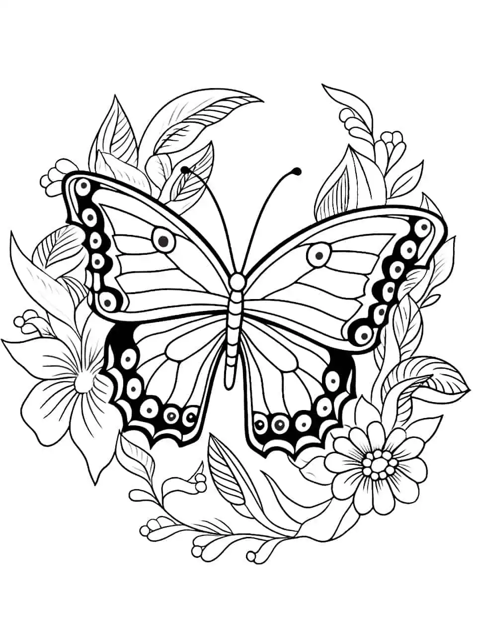 Tropical Splendor Butterfly Coloring Page - A coloring page featuring tropical butterflies surrounded by exotic flowers and foliage.