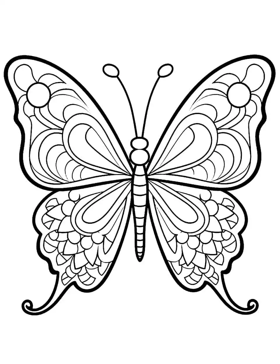 Kaleidoscope Colors Butterfly Coloring Page - A mesmerizing mandala-style coloring page with a butterfly at the center.