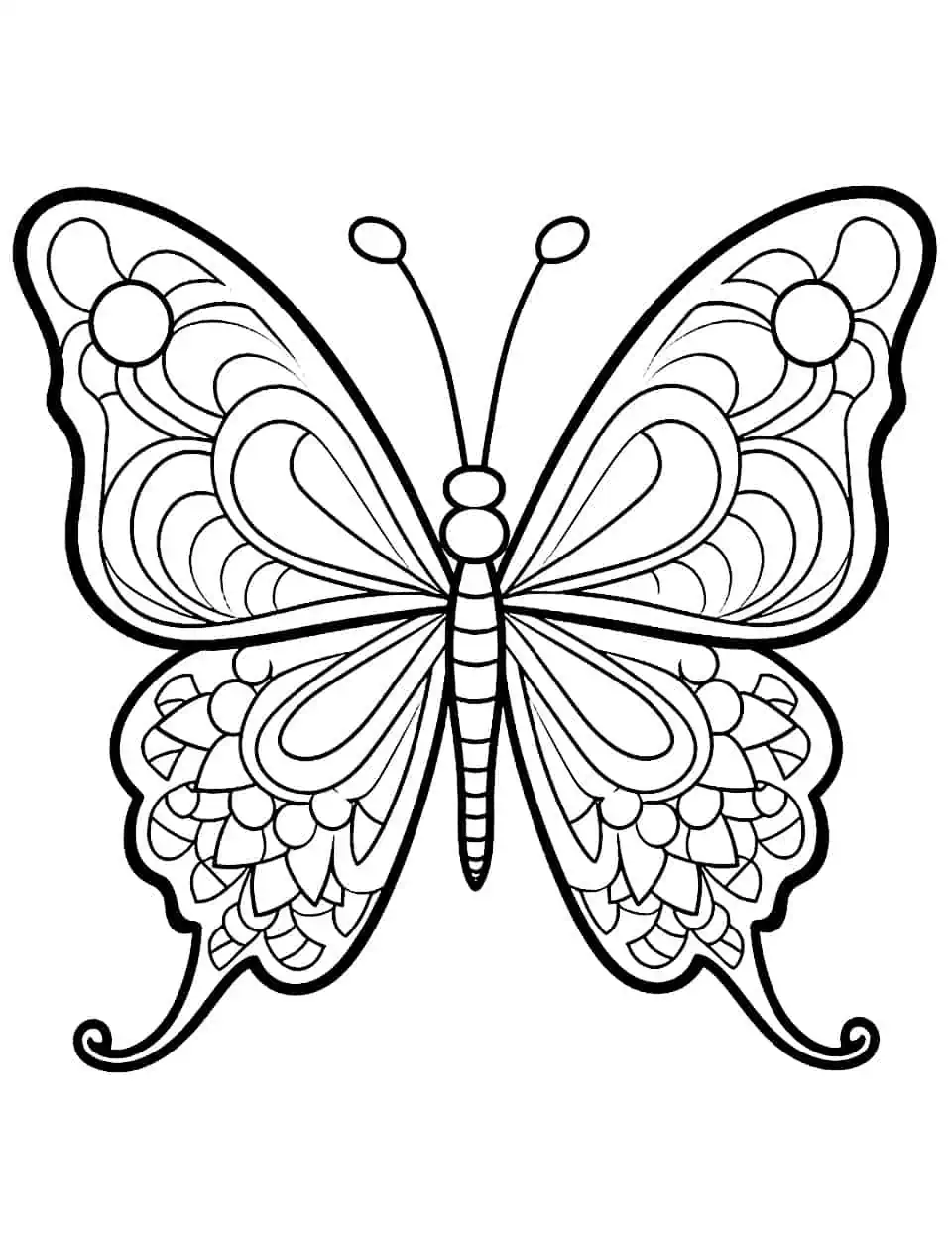 Kaleidoscope Colors Coloring Page - A mesmerizing mandala-style coloring page with a butterfly at the center.