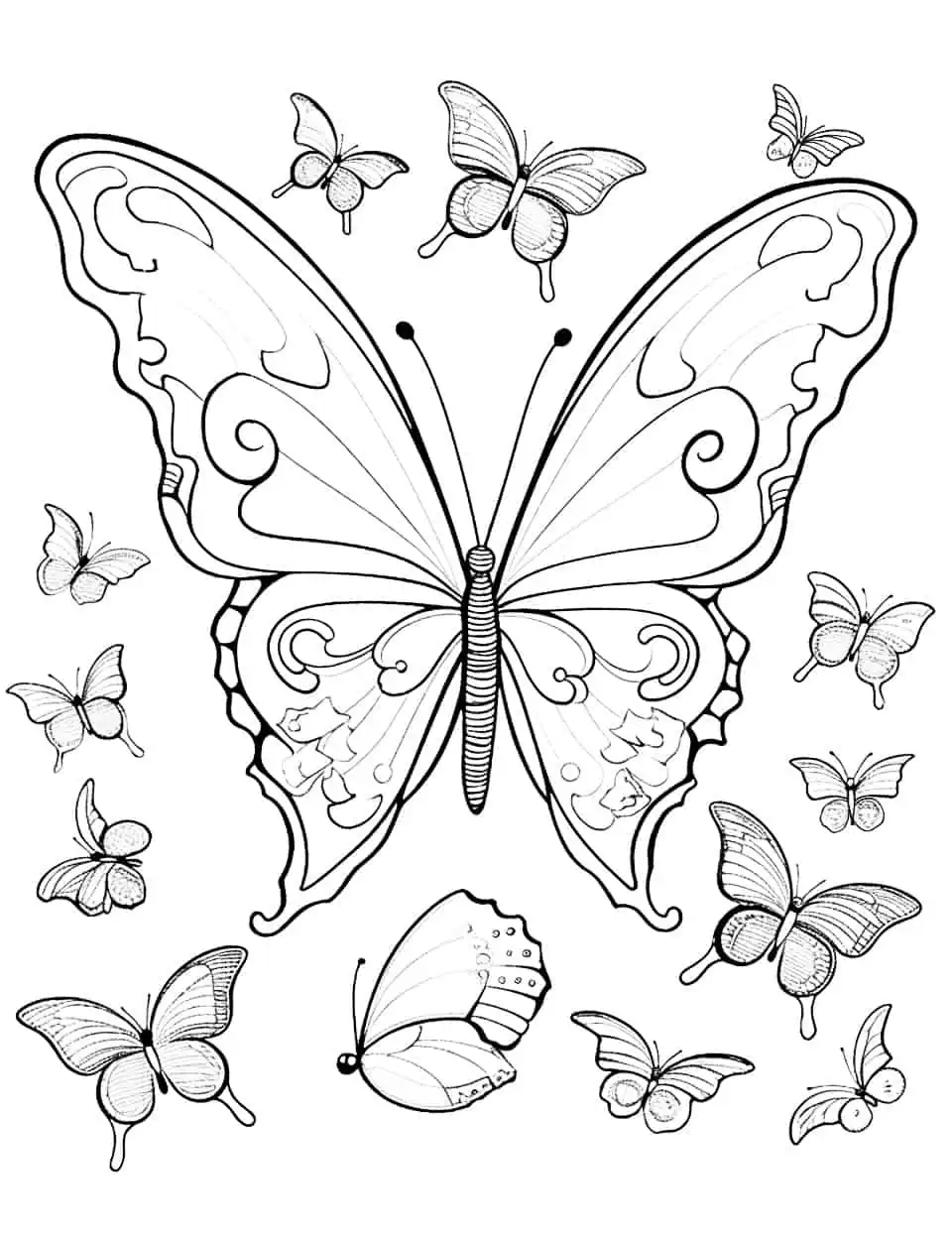 Majestic Migration Coloring Page - A coloring page showcasing a flock of butterflies on a migratory journey.