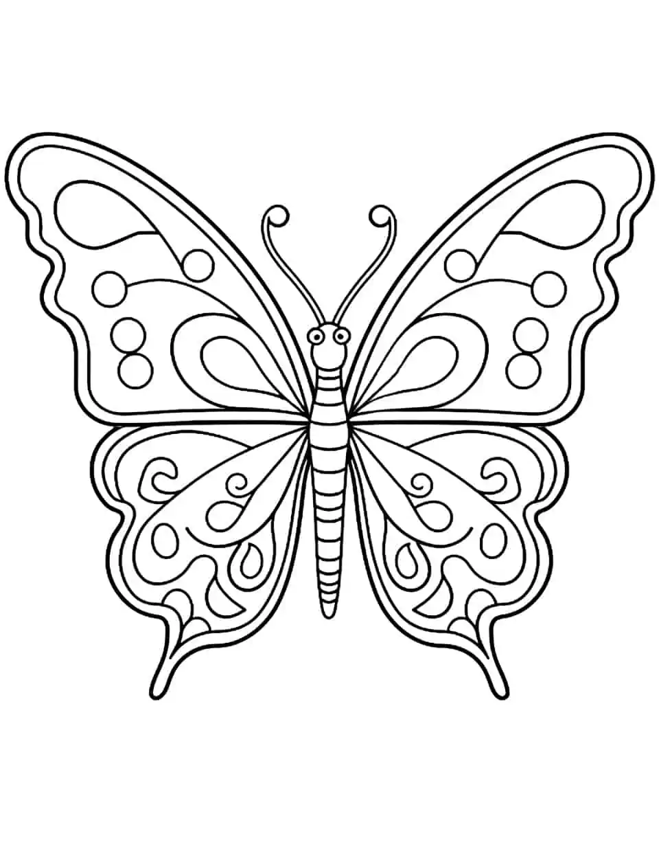 Whimsical Wingspan Butterfly Coloring Page - A coloring page featuring a butterfly with whimsical and exaggerated wing patterns.