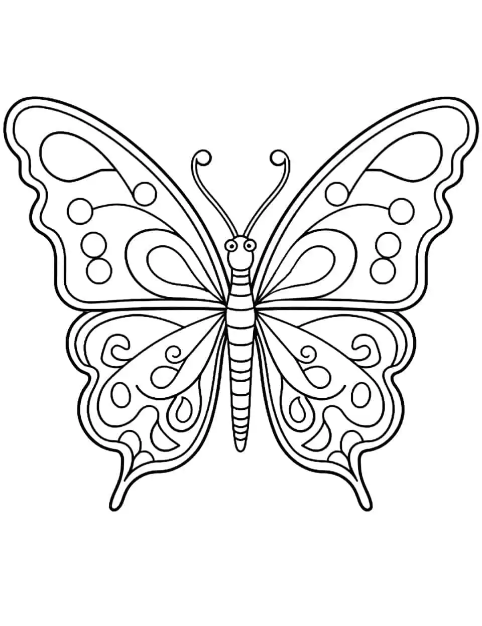 Whimsical Wingspan Coloring Page - A coloring page featuring a butterfly with whimsical and exaggerated wing patterns.