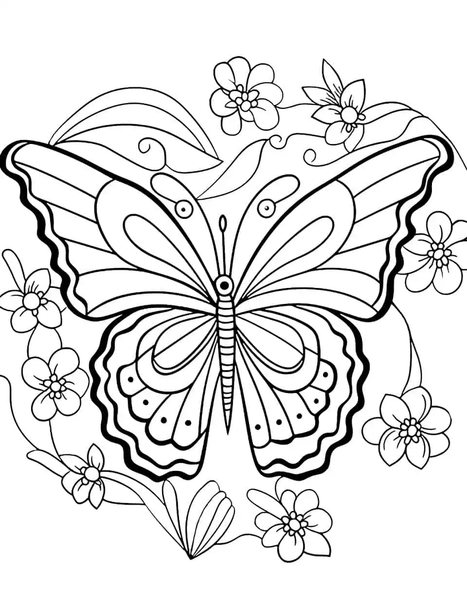 Nature's Palette Coloring Page - A coloring page featuring butterflies and flowers in a vibrant display of colors.