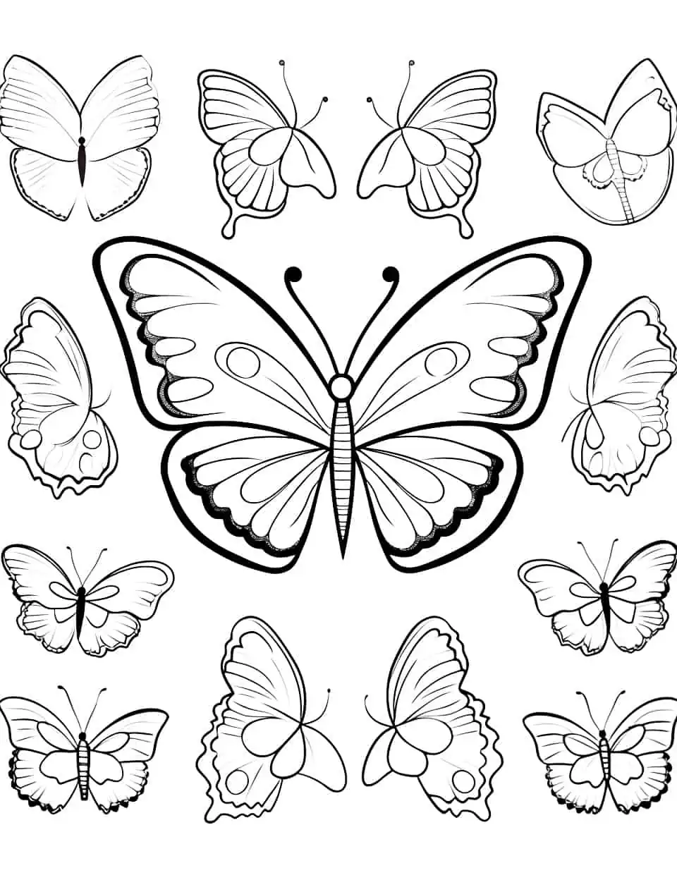 Playful Patterns Butterfly Coloring Page - A coloring page showcasing butterflies with playful patterns and designs.
