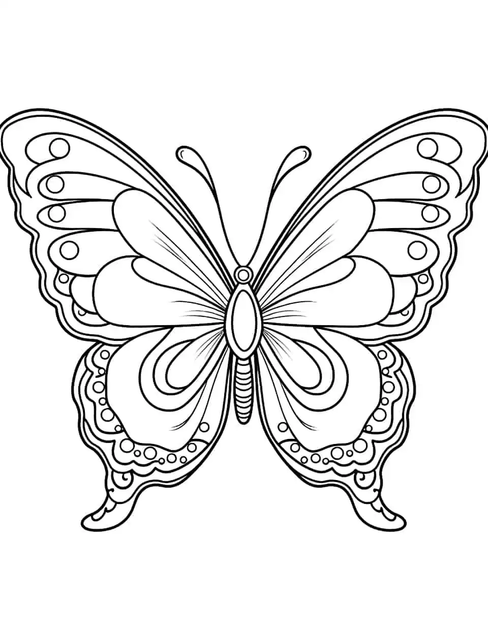 Fancy Flutter Butterfly Coloring Page - A detailed coloring page showcasing an intricately patterned butterfly with elaborate wings.