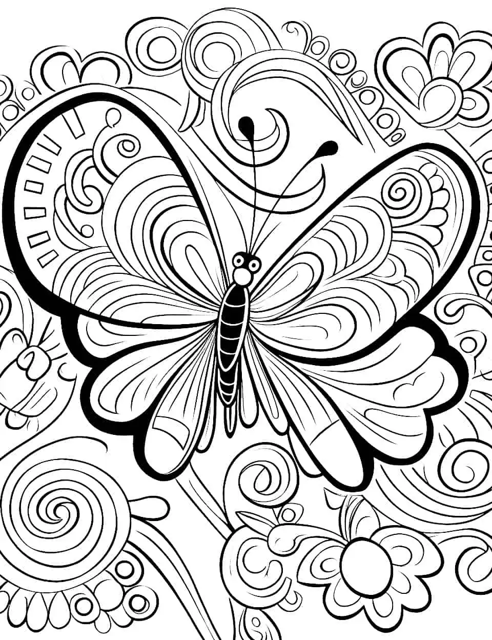 Whimsical Whirlwind Butterfly Coloring Page - A coloring page showcasing butterflies with swirling patterns and whimsical details.