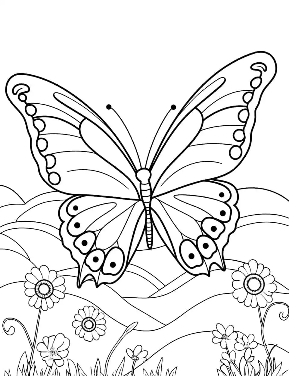 Serene Escape Coloring Page - A coloring page depicting a butterfly surrounded by peaceful landscapes and soothing elements.