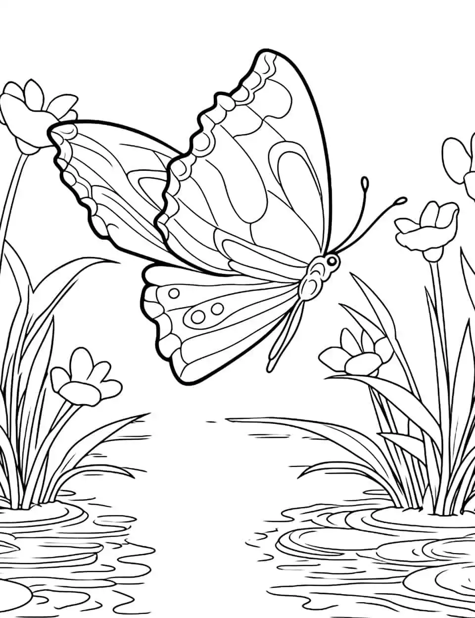 Tranquil Waters Butterfly Coloring Page - A coloring page featuring a butterfly near a calm pond surrounded by water lilies.