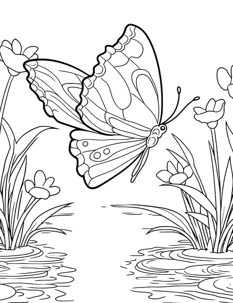 Tranquil Waters Coloring Page - A coloring page featuring a butterfly near a calm pond surrounded by water lilies.