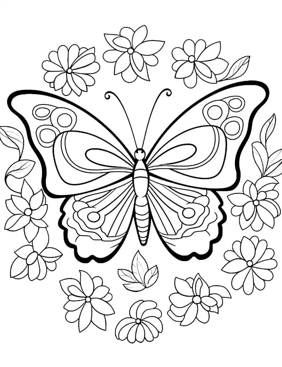Kindergarten Kaleidoscope Butterfly Coloring Page - A vibrant coloring page featuring a collection of adorable butterflies and flowers.