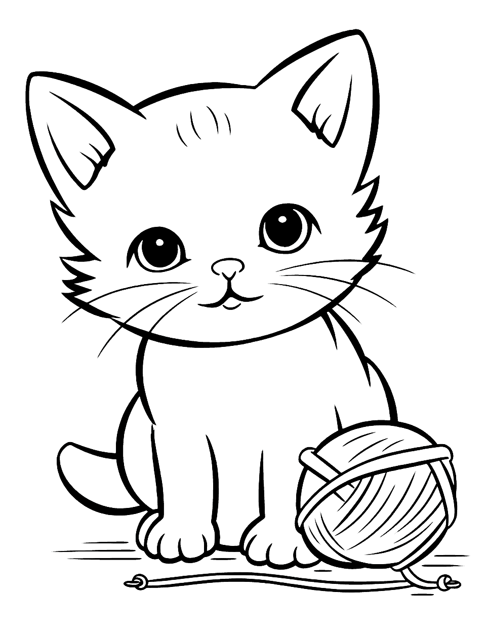 Cute Kitten Playing With Yarn Cat Coloring Page - A kawaii kitten batting a ball of yarn across a hardwood floor.