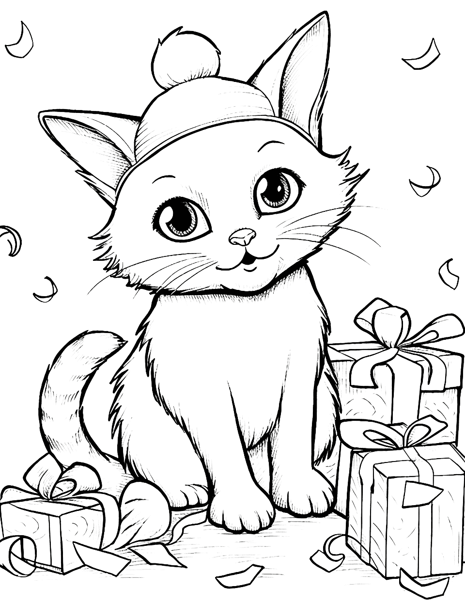 Birthday Party Cat Coloring Page - A jolly cat is celebrating its birthday, surrounded by presents and confetti.
