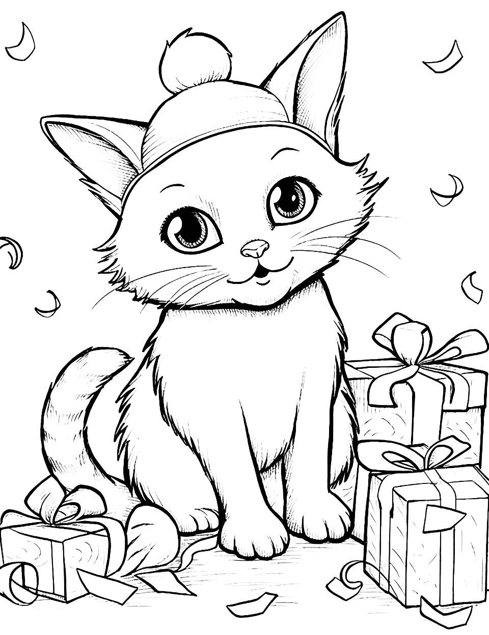 Birthday Party Cat Coloring Page - A jolly cat celebrating its birthday, surrounded by presents and confetti.