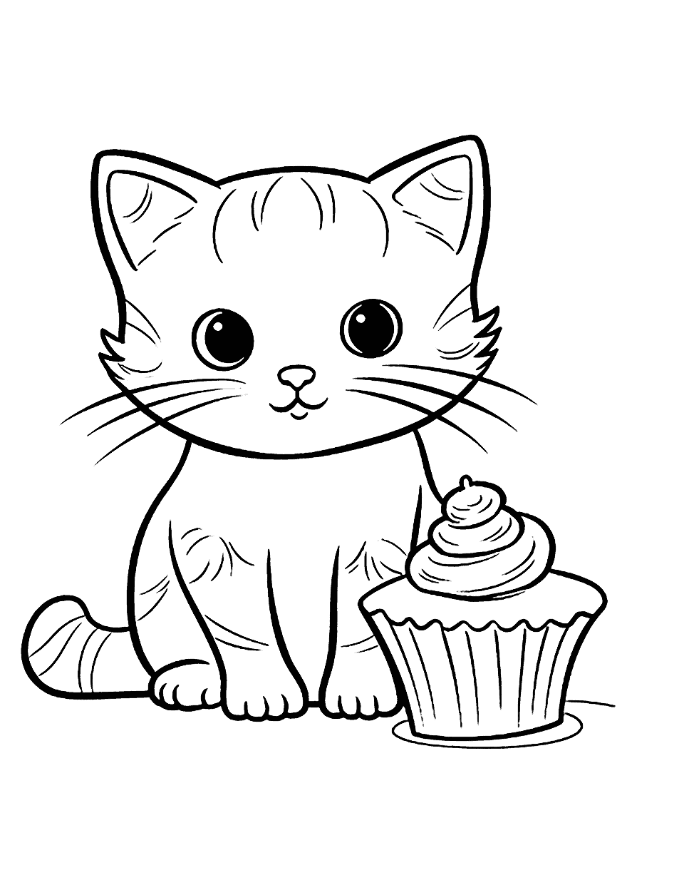 Kawaii Kitten and a Cupcake Cat Coloring Page - A super cute kitten sniffing a brightly frosted cupcake.