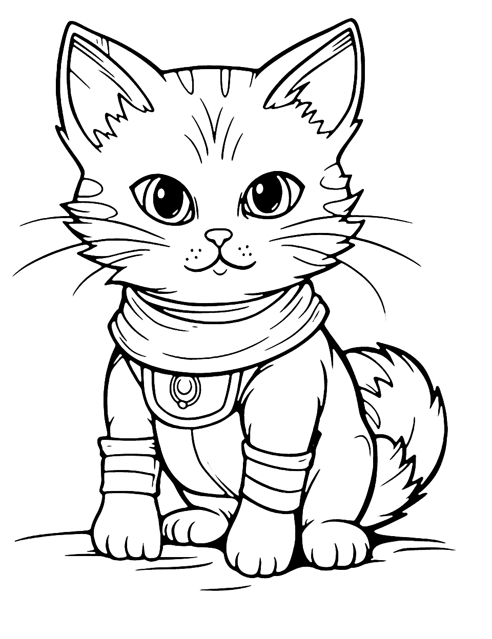 Anime-Style Cat Warrior Coloring Page - A brave cat warrior in anime style, equipped with armor.