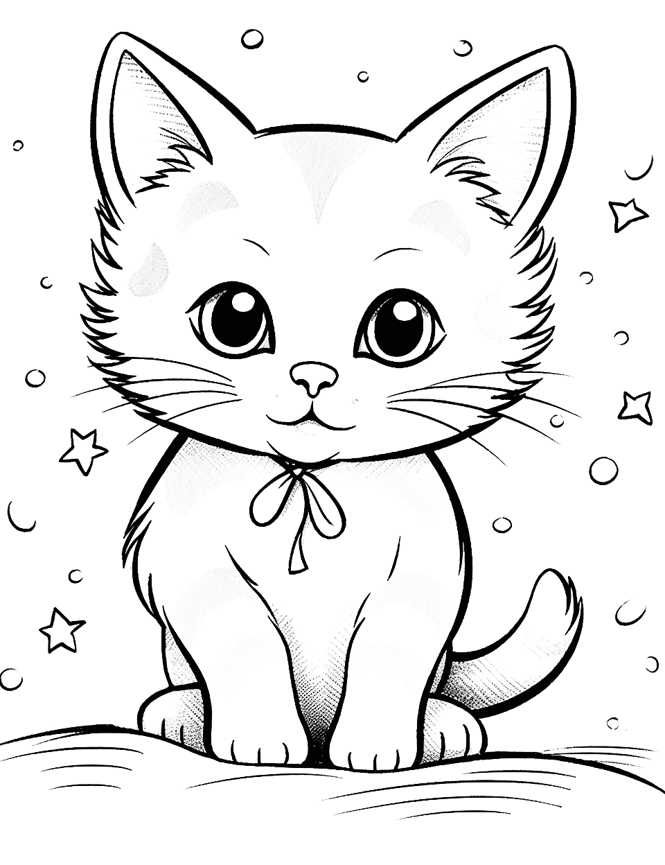 Kitten’s First Snow Cat Coloring Page - A wide-eyed kitten is experiencing its first snowfall with a snowy background.
