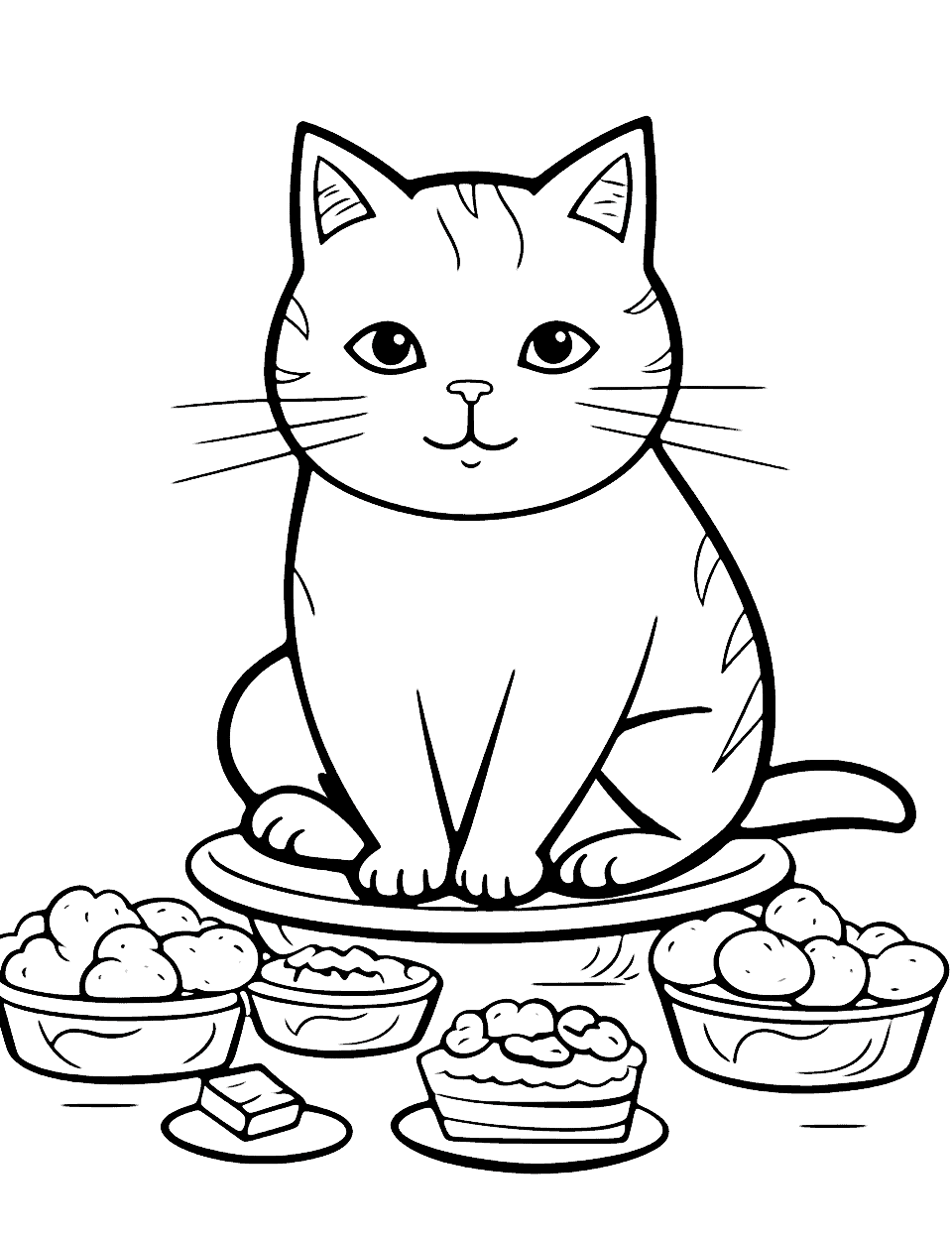 Pusheen Eating Dumplings Cat Coloring Page - Pusheen cat enjoying various types of dumplings and food.