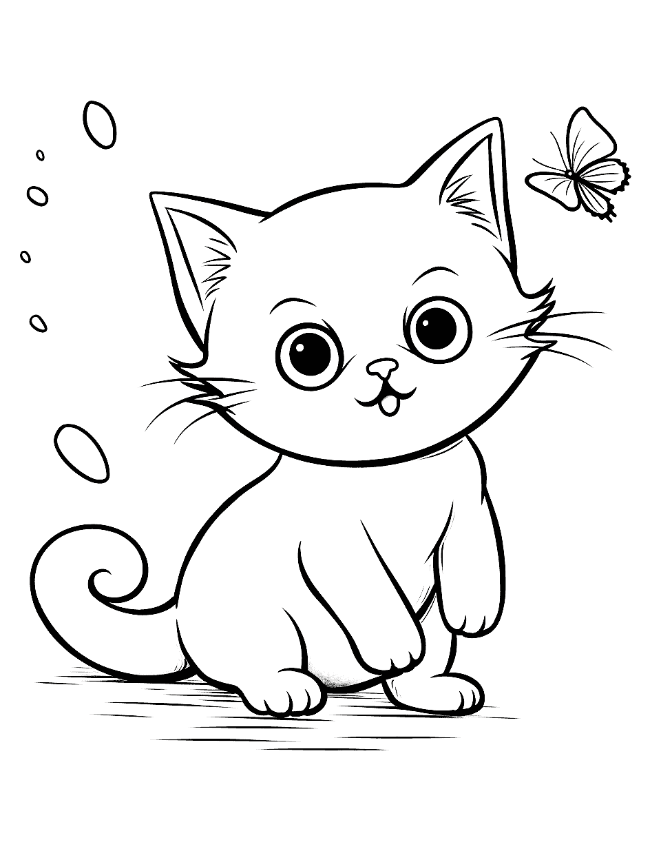 Chibi Cat Playing With a Butterfly Coloring Page - A Chibi-style cat is playfully chasing a colorful butterfly.