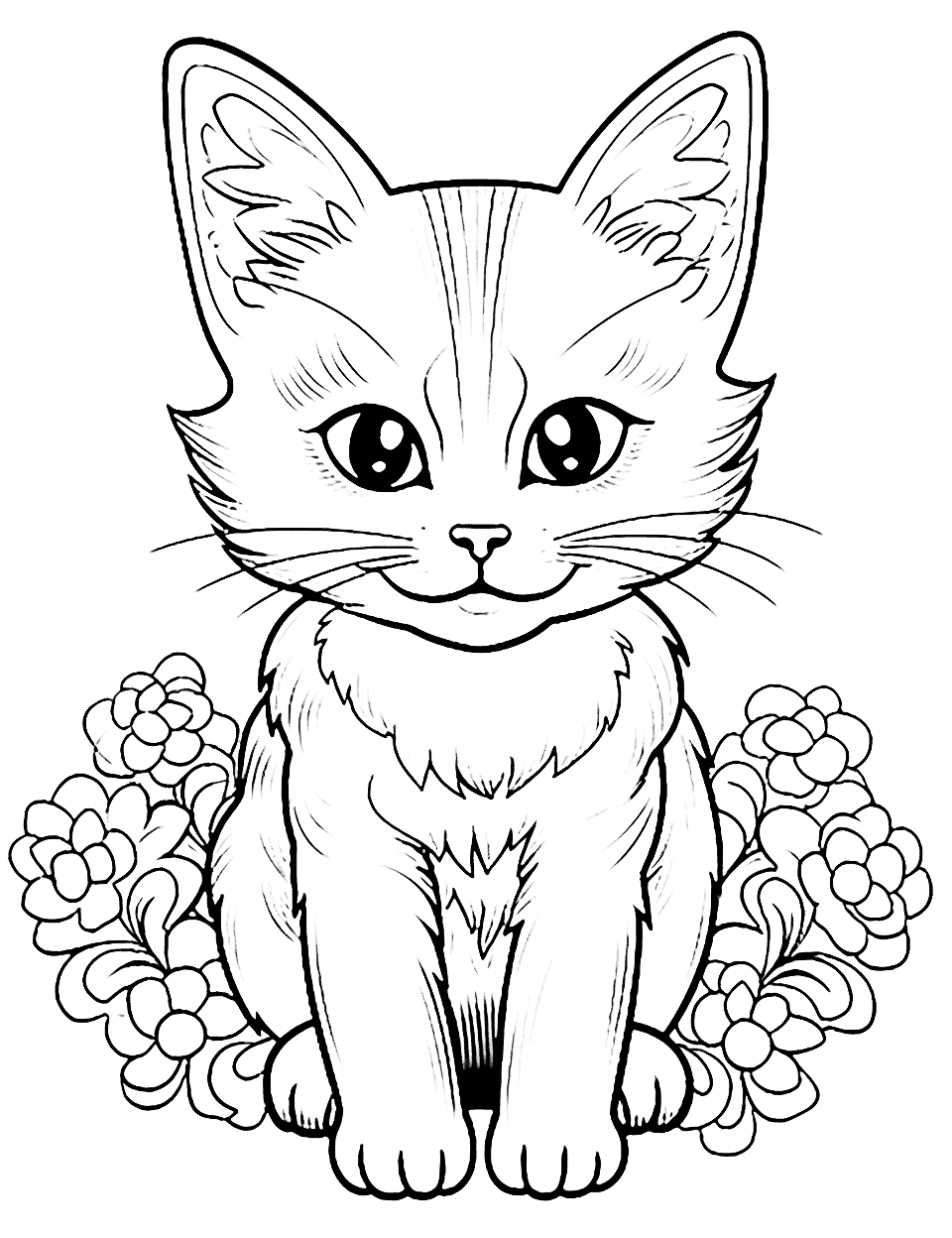 Mandala Kitten Amongst Flowers Cat Coloring Page - A kitten outline filled with intricate mandala designs, surrounded by various flowers.