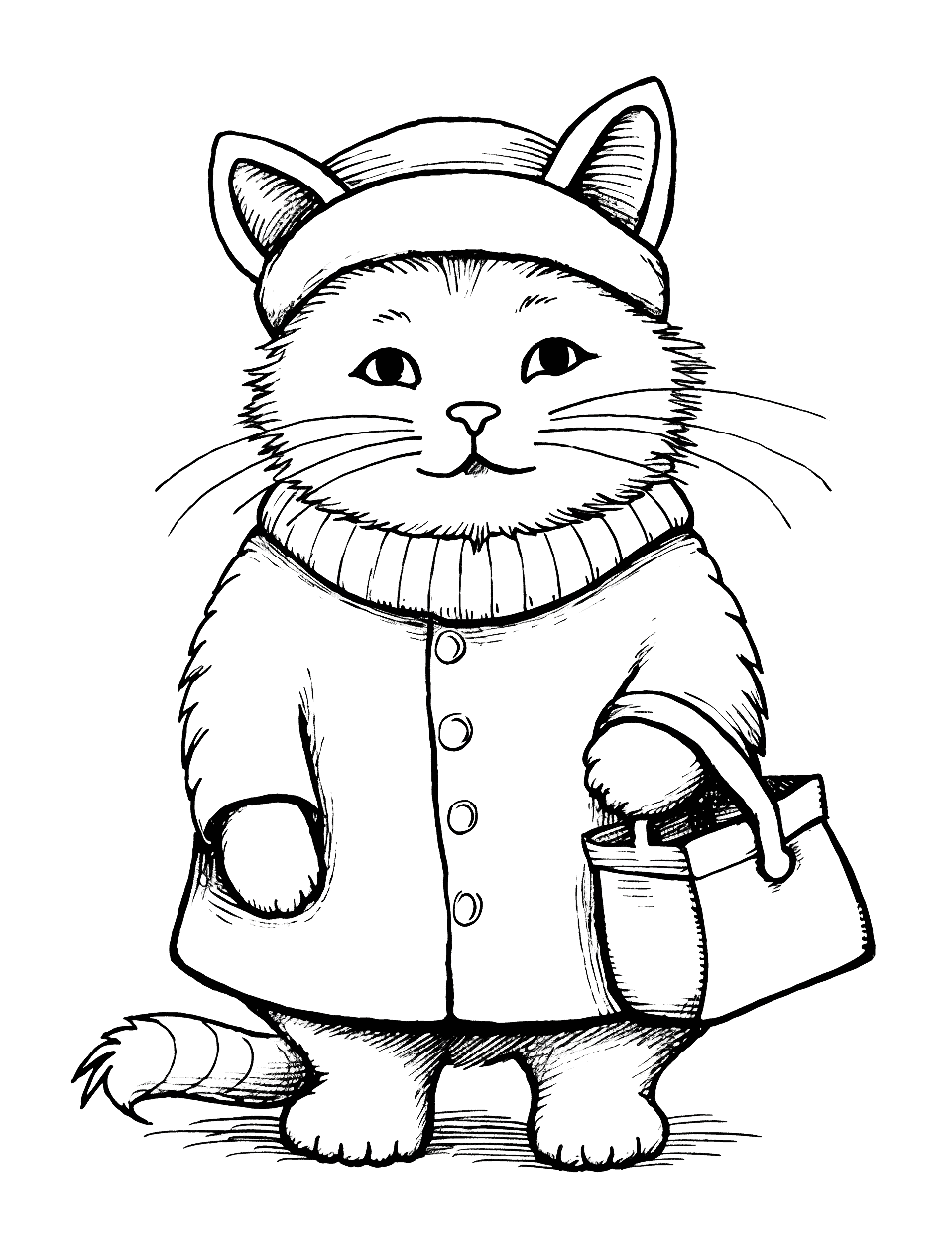 Cat Dressed for Christmas Coloring Page - A chubby cat dressed in warm winter clothes ready for Christmas.