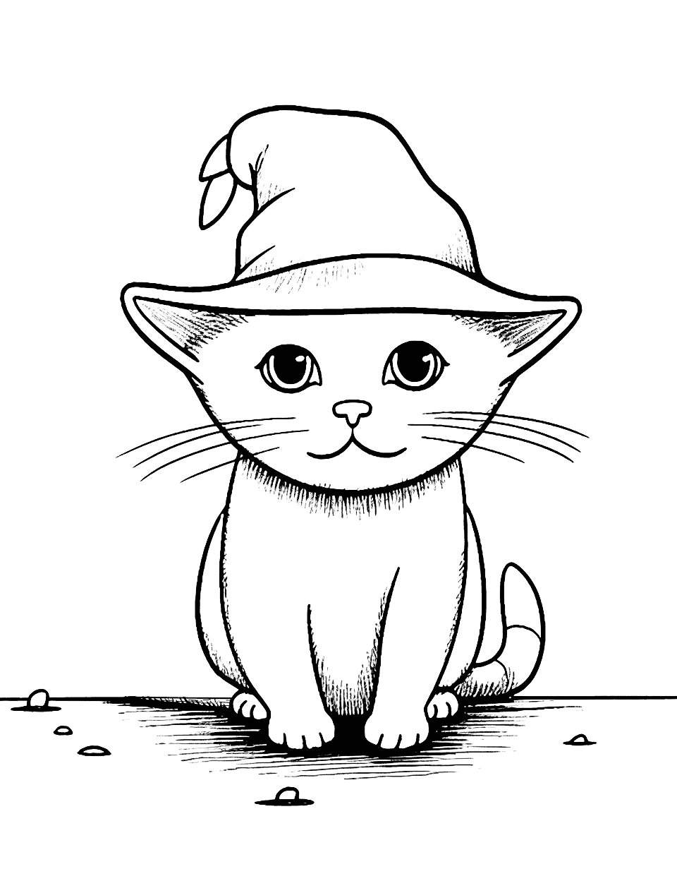 Cute Cat in a Witch's Hat for Halloween Coloring Page - A cute cat curiously peeking from under a big witch’s hat.