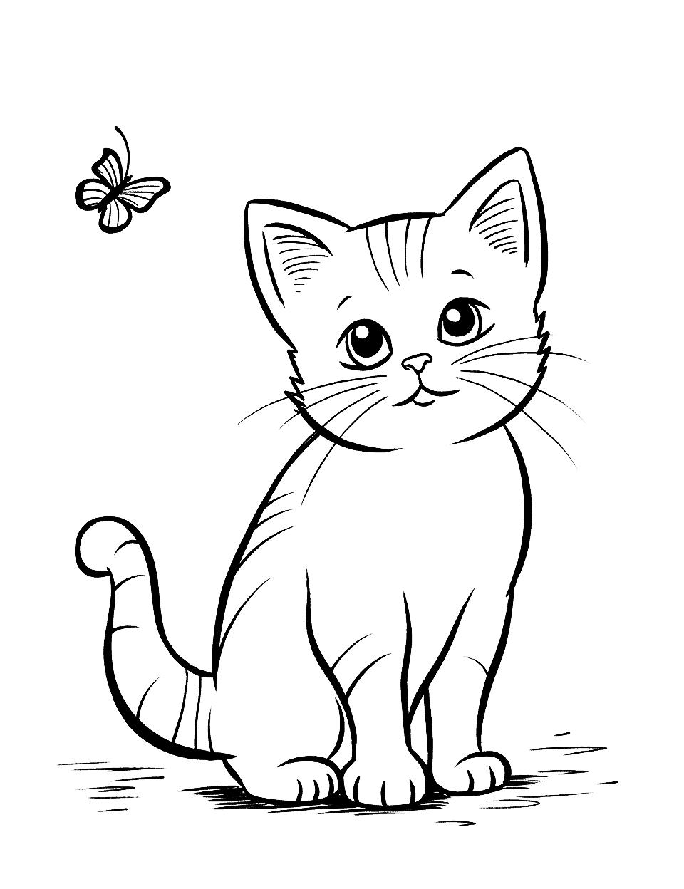 Preschool Cat and Butterfly Coloring Page - A simple coloring page featuring a cat watching a butterfly, perfect for preschool kids.