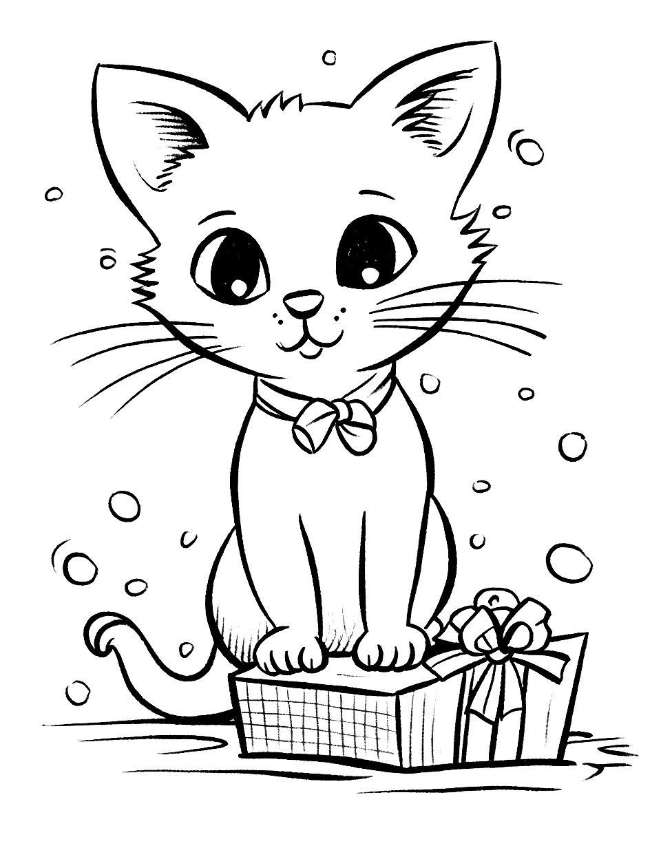 Cat’s Birthday Surprise Cat Coloring Page - A surprised cat opens a gift box on its birthday.