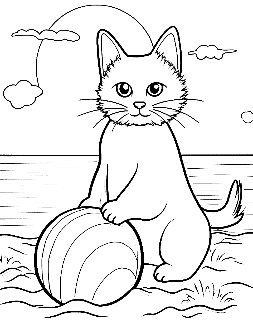 Summer Cat With a Beach Ball Coloring Page - A cat playfully batting at a colorful beach ball, with a bright summer sky in the background.