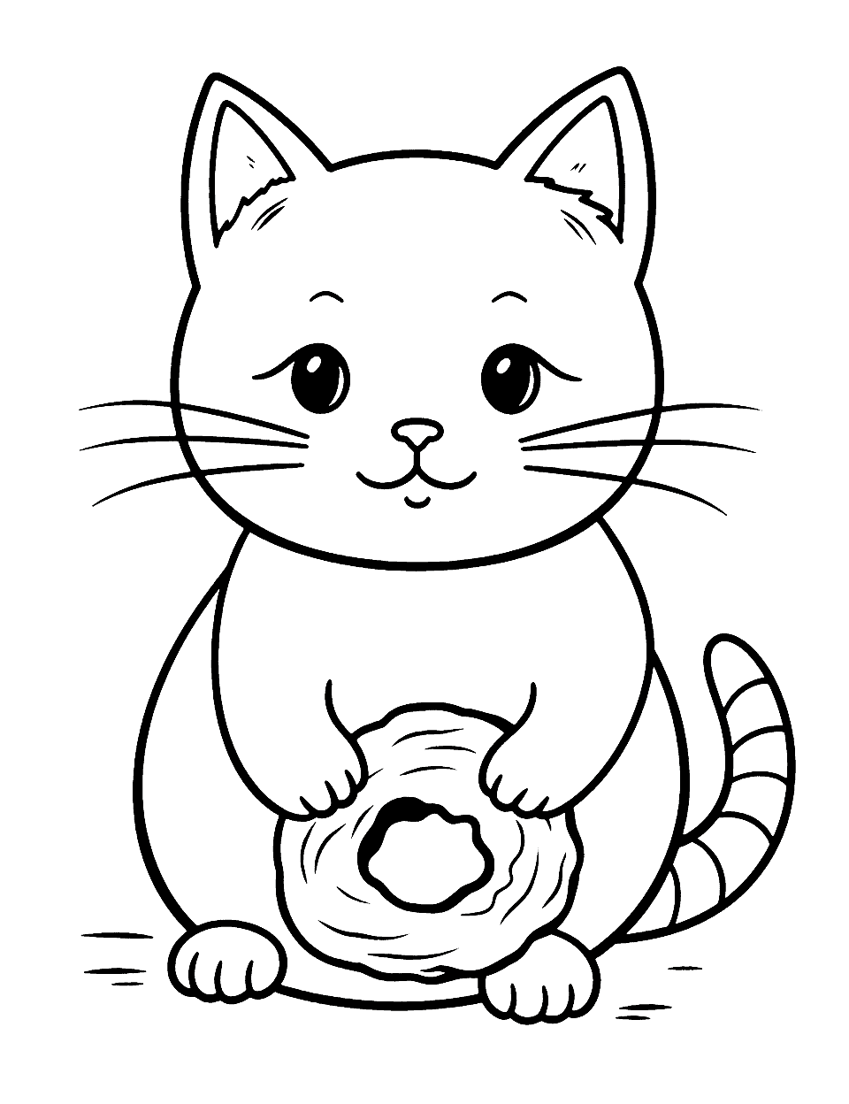 Kawaii Tabby Cat With a Donut Coloring Page - A cute kawaii-style tabby cat, happily chewing on a big, frosted donut.