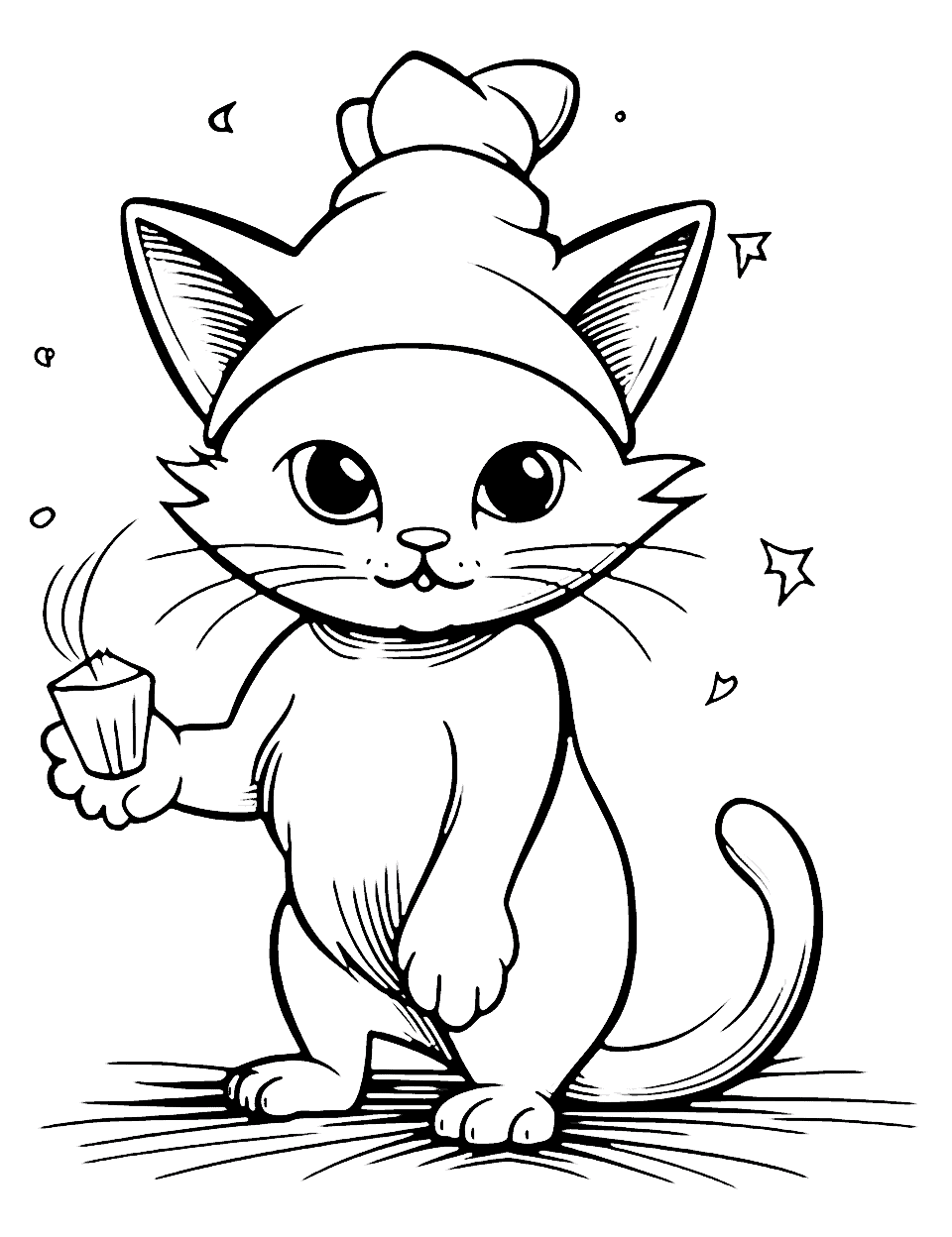 Anime Cat Magician Casting Spells Coloring Page - A sleek anime cat casting magical spells with a twinkle in its eyes.