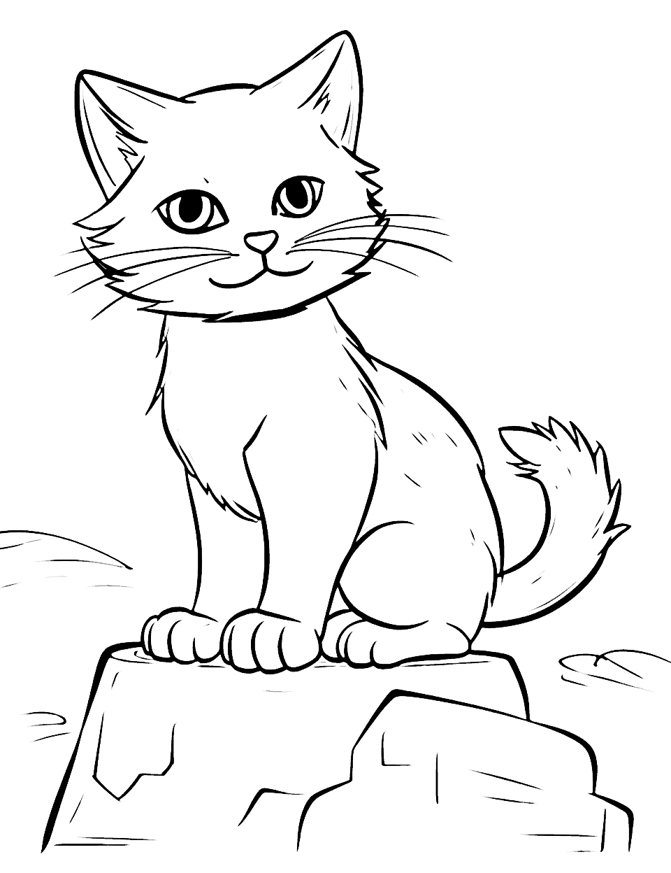 Warrior Cat Protecting Its Territory Coloring Page - A warrior cat stands strong on a rock, protecting its territory from intruders.